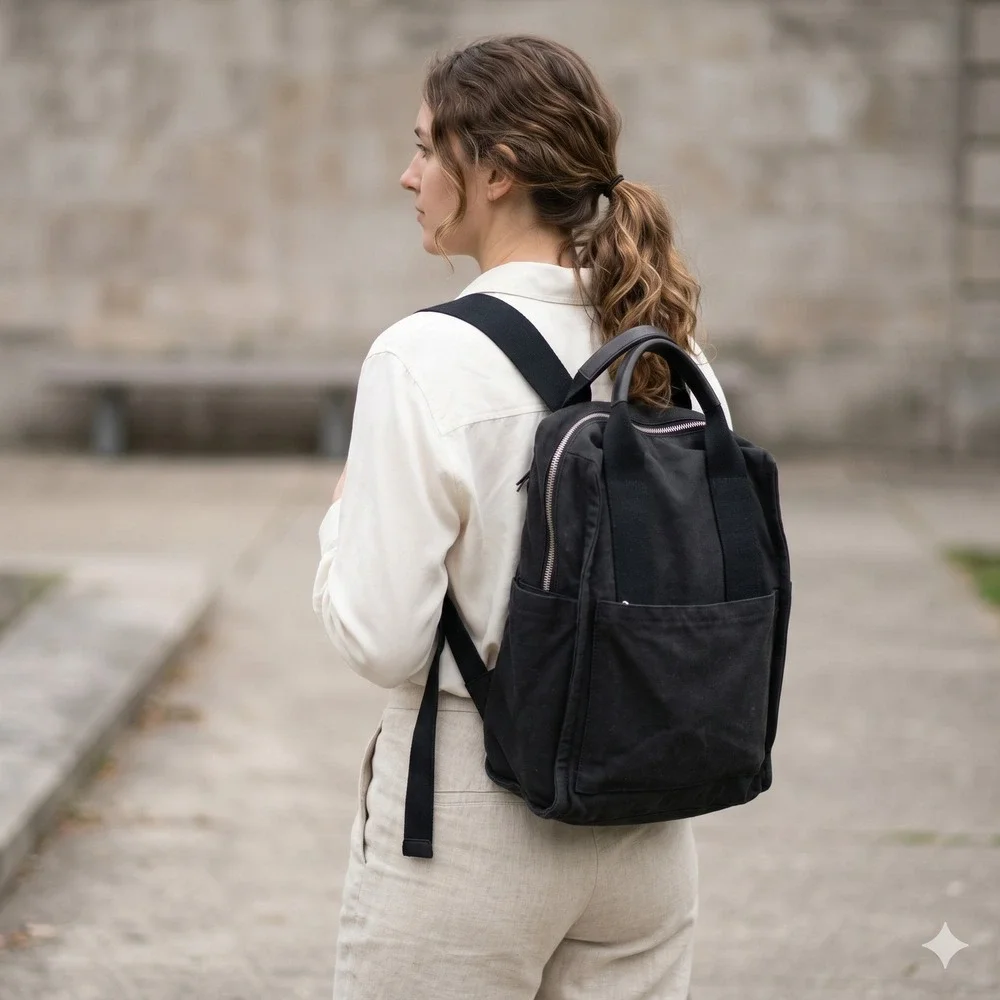 Quince‎ Canvas Backpack Unisex Black Leather Trim Minimalist Commuter Utility